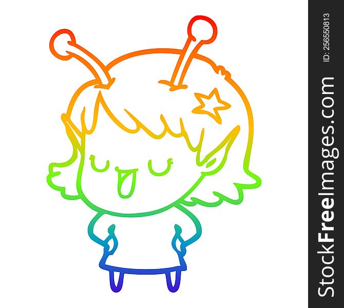 Rainbow Gradient Line Drawing Happy Alien Girl Cartoon