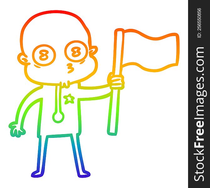 rainbow gradient line drawing of a cartoon weird bald spaceman with flag
