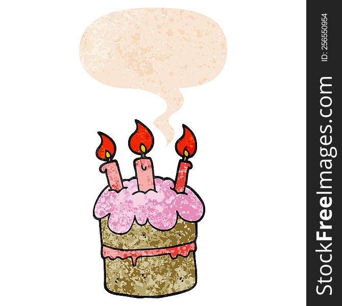 Cartoon Birthday Cake And Speech Bubble In Retro Textured Style