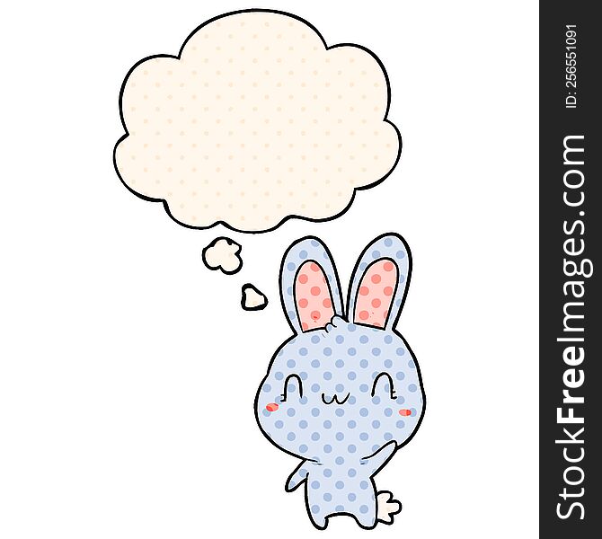 cartoon rabbit waving with thought bubble in comic book style