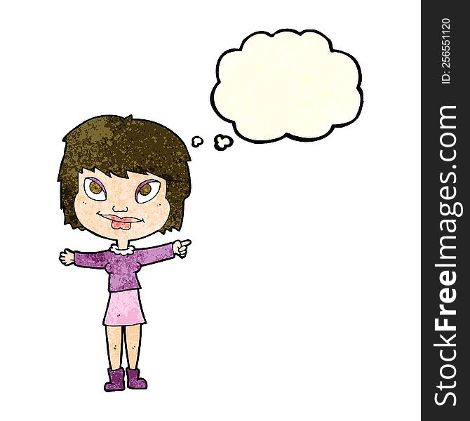 cartoon woman pointing with thought bubble