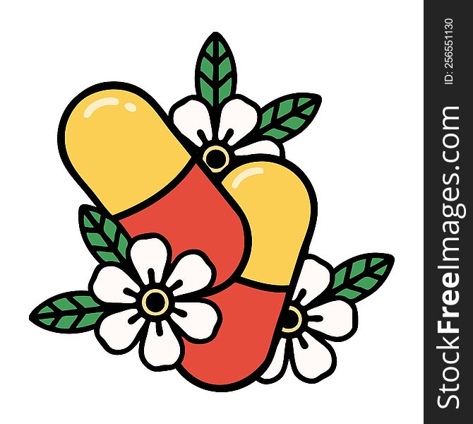 Traditional Tattoo Of Pills And Flowers