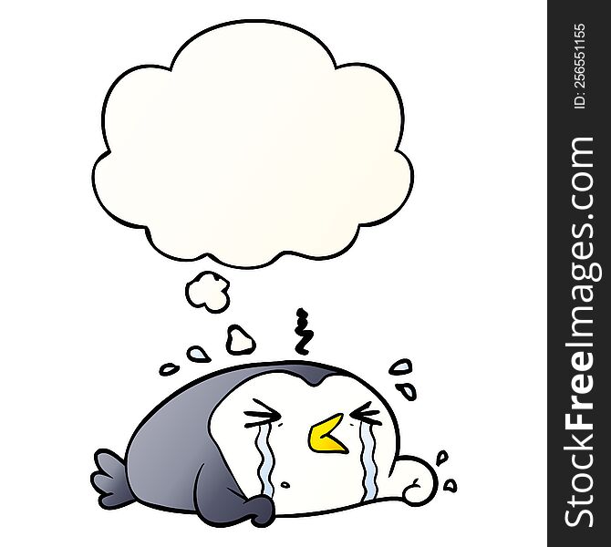 cartoon crying penguin with thought bubble in smooth gradient style