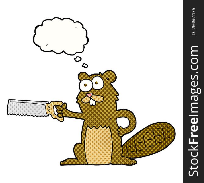 freehand drawn thought bubble cartoon beaver with saw