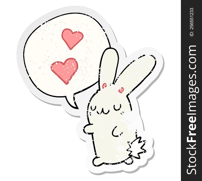 cartoon rabbit in love with speech bubble distressed distressed old sticker. cartoon rabbit in love with speech bubble distressed distressed old sticker