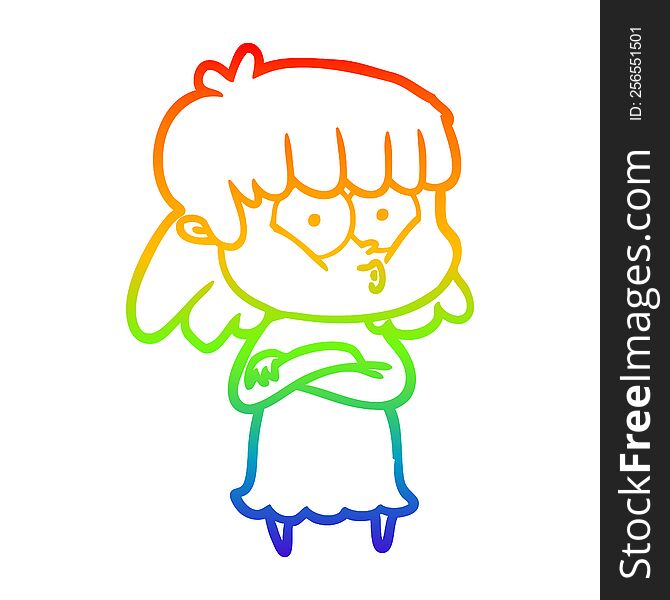 rainbow gradient line drawing of a cartoon whistling girl