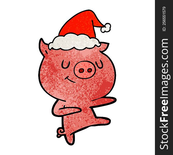 happy hand drawn textured cartoon of a pig dancing wearing santa hat. happy hand drawn textured cartoon of a pig dancing wearing santa hat