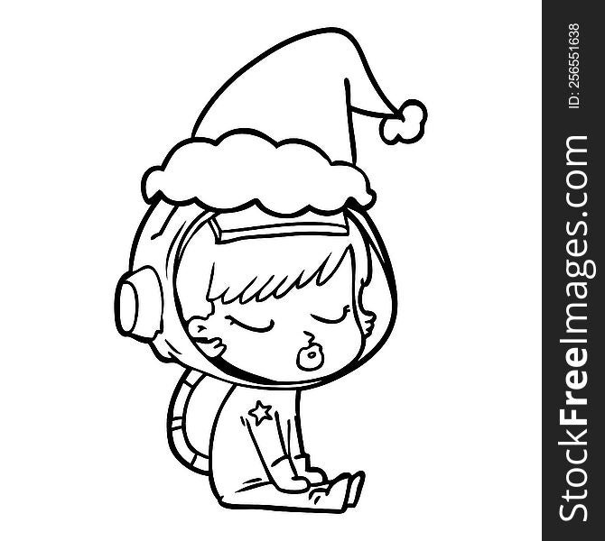 line drawing of a pretty astronaut girl sitting waiting wearing santa hat