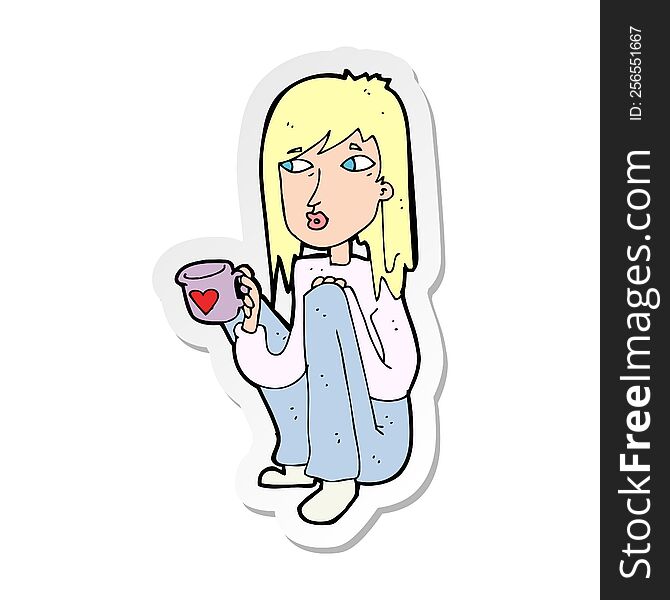 Sticker Of A Cartoon Woman Sitting With Cup Of Coffee