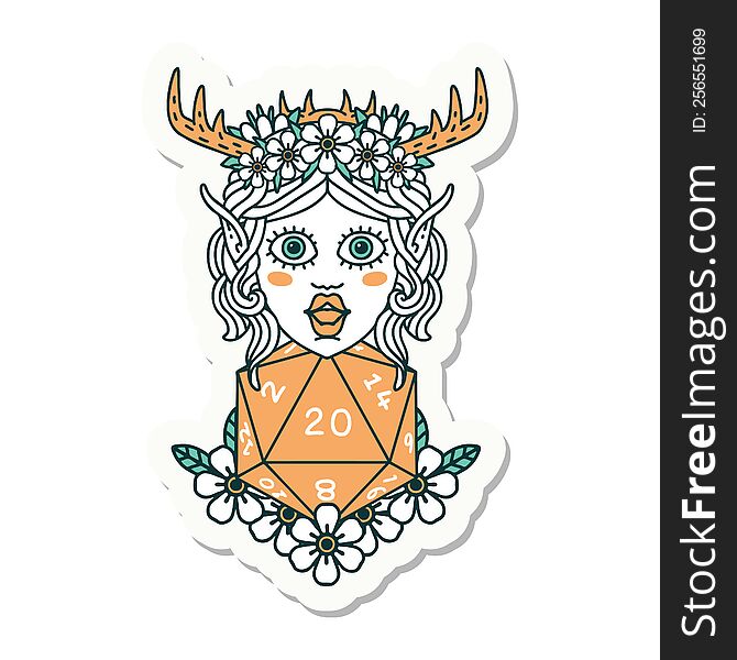 sticker of a elf druid character with nautral twenty dice roll. sticker of a elf druid character with nautral twenty dice roll
