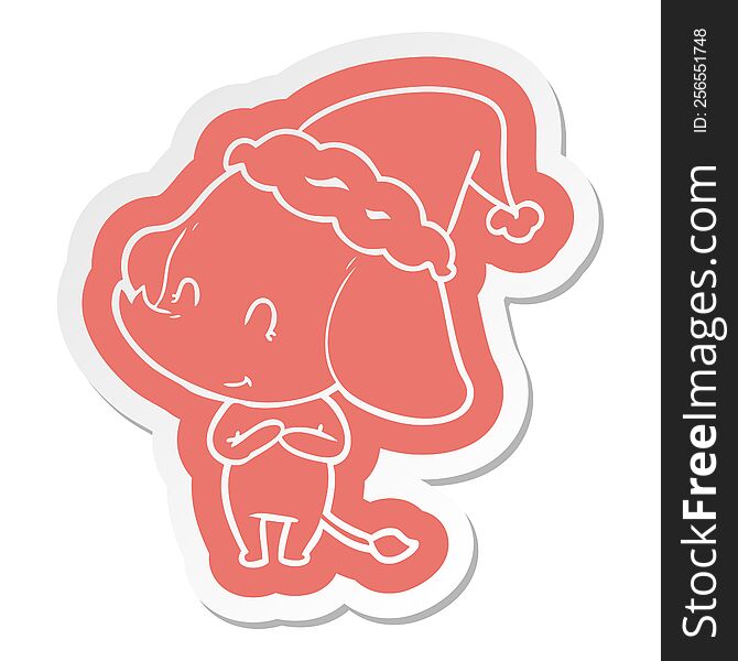 Cute Cartoon  Sticker Of A Elephant Wearing Santa Hat