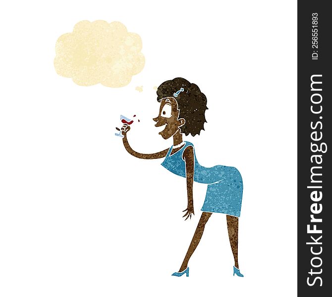 cartoon woman with drink with thought bubble