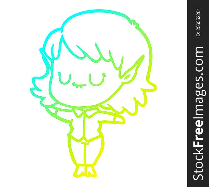 Cold Gradient Line Drawing Happy Cartoon Elf Girl