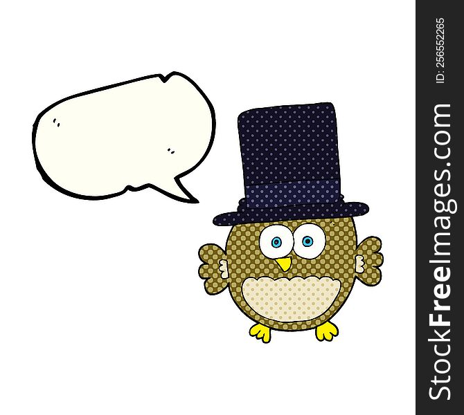 freehand drawn comic book speech bubble cartoon owl in top hat