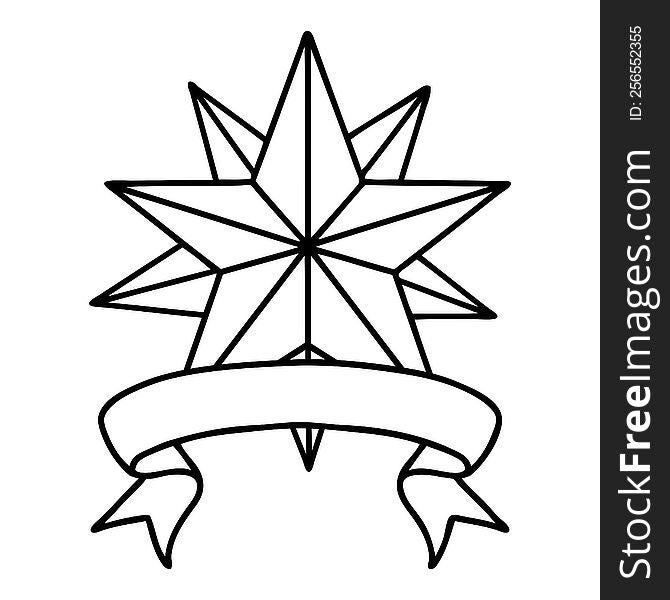 traditional black linework tattoo with banner of a star