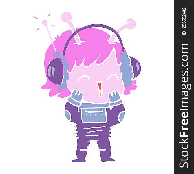 Flat Color Style Cartoon Alien Girl Listening To Music