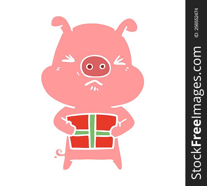 Flat Color Style Cartoon Angry Pig With Christmas Present