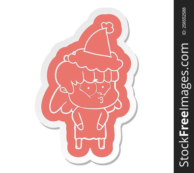 Cartoon  Sticker Of A Whistling Girl Wearing Santa Hat