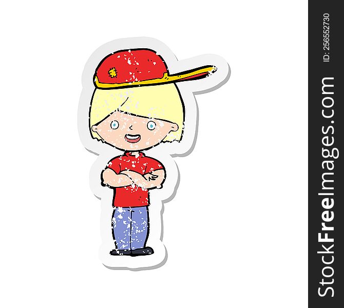 retro distressed sticker of a cartoon boy wearing cap