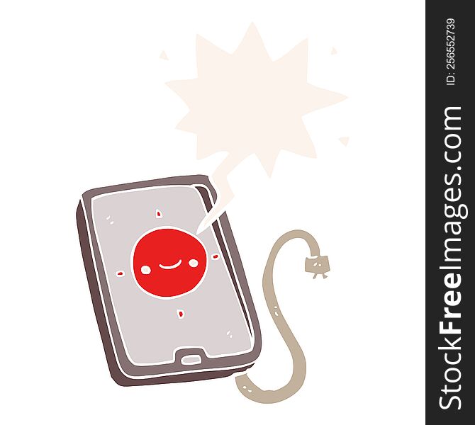 cartoon mobile phone device and speech bubble in retro style