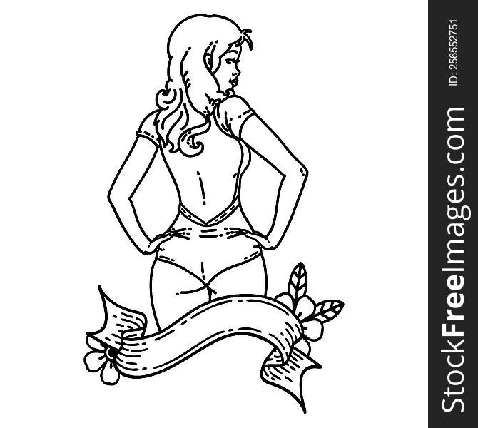 tattoo in black line style of a pinup swimsuit girl with banner. tattoo in black line style of a pinup swimsuit girl with banner