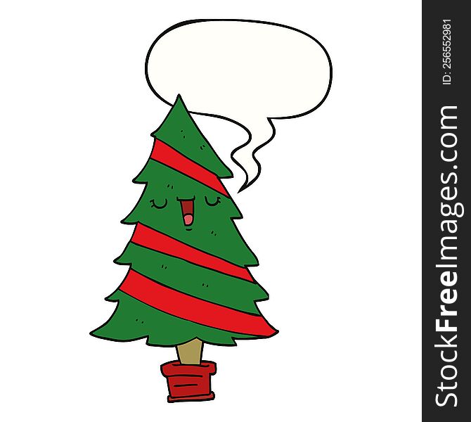 cartoon christmas tree with speech bubble. cartoon christmas tree with speech bubble