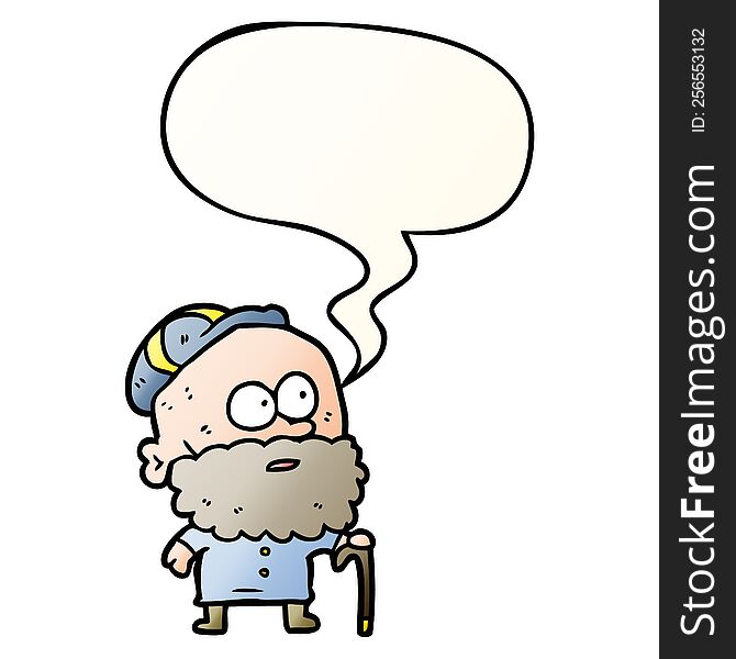 old cartoon man and walking stick and flat cap and speech bubble in smooth gradient style