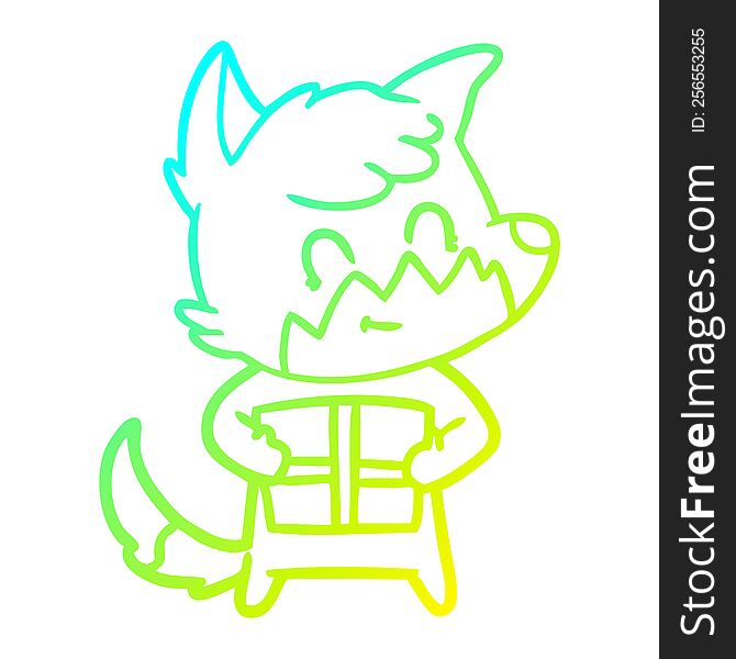 Cold Gradient Line Drawing Cartoon Friendly Fox With Gift