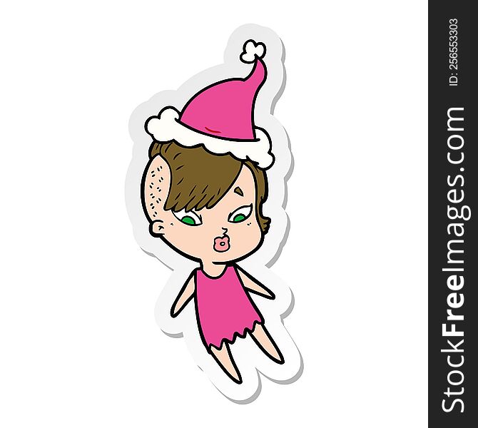 hand drawn sticker cartoon of a surprised girl wearing santa hat