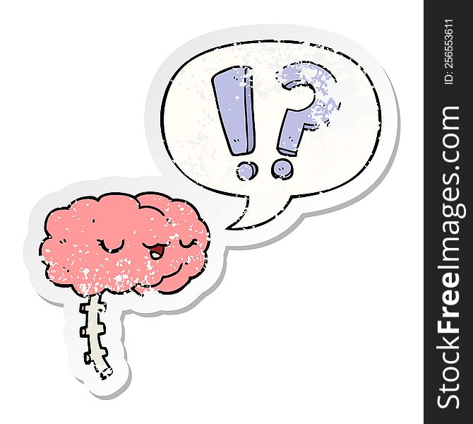 cartoon curious brain with speech bubble distressed distressed old sticker. cartoon curious brain with speech bubble distressed distressed old sticker