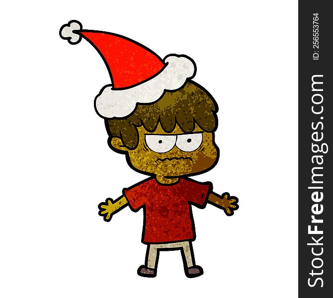 Annoyed Textured Cartoon Of A Boy Wearing Santa Hat