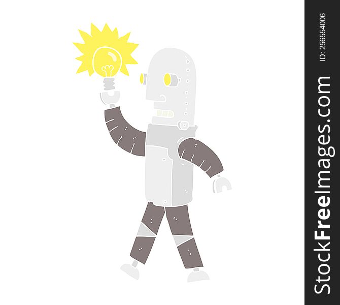 Flat Color Illustration Of A Cartoon Robot With Light Bulb