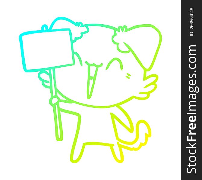 Cold Gradient Line Drawing Happy Little Cartoon Dog Holding Sign