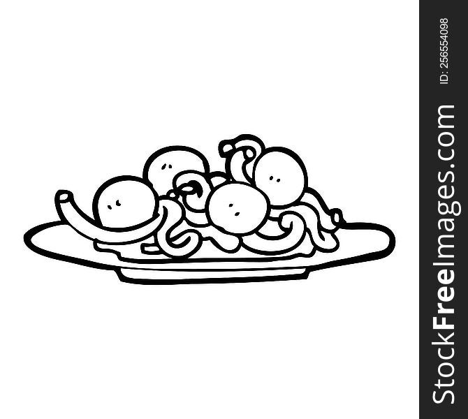 black and white cartoon spaghetti and meatballs