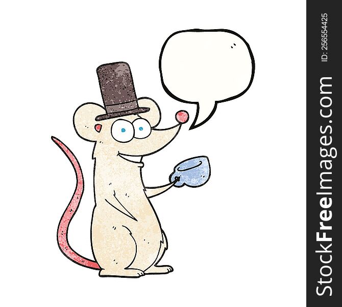 freehand speech bubble textured cartoon mouse with teacup