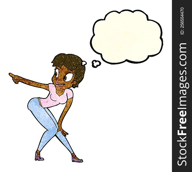 Cartoon Pretty Woman Pointing With Thought Bubble