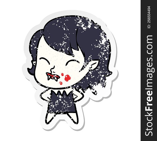 distressed sticker of a cartoon vampire girl with blood on cheek