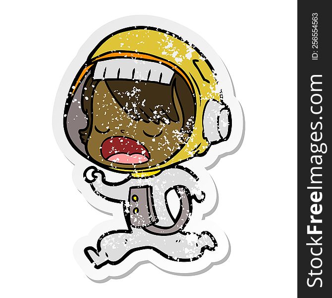 Distressed Sticker Of A Cartoon Astronaut Woman Running