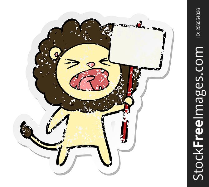 Distressed Sticker Of A Cartoon Lion With Protest Sign