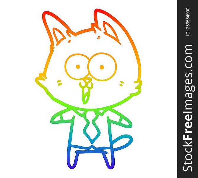 rainbow gradient line drawing of a funny cartoon cat wearing shirt and tie