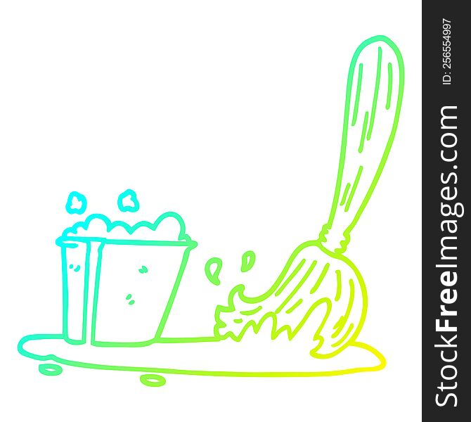 cold gradient line drawing of a cartoon bucket and mop