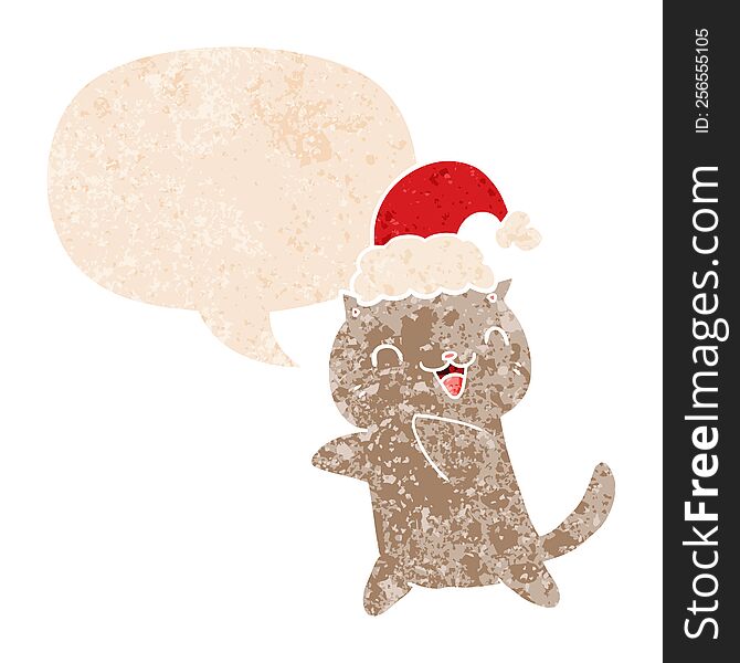 cute cartoon christmas cat with speech bubble in grunge distressed retro textured style. cute cartoon christmas cat with speech bubble in grunge distressed retro textured style