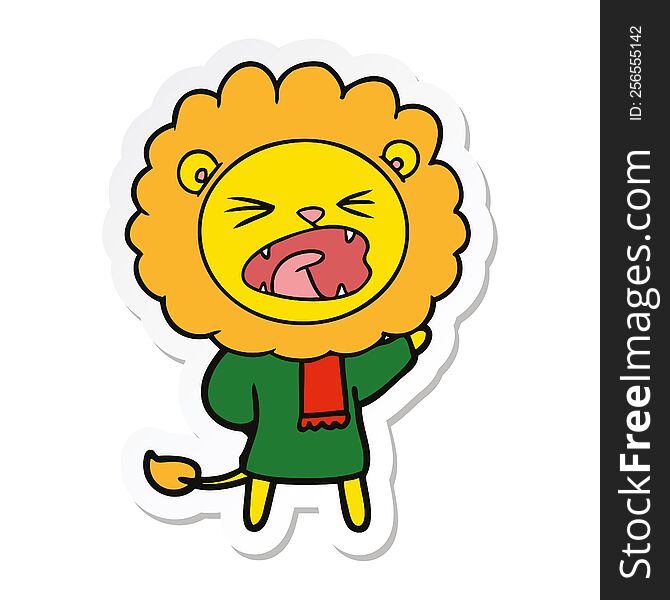 Sticker Of A Cartoon Lion In Winter Clothes