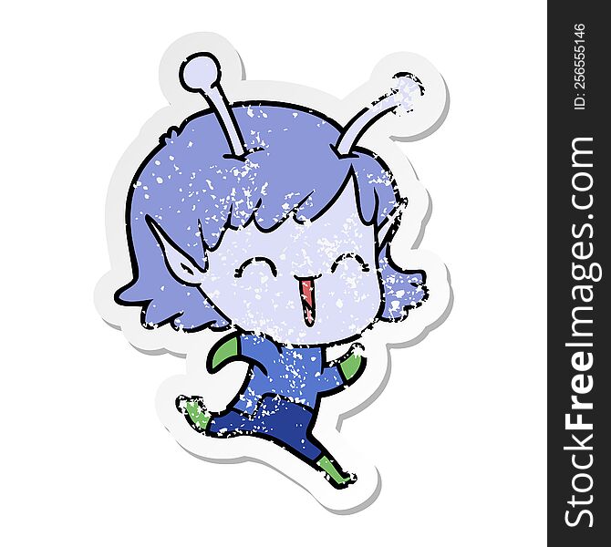 Distressed Sticker Of A Cartoon Alien Girl Laughing