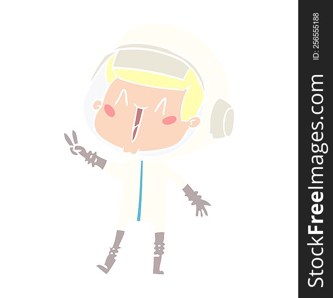 happy flat color style cartoon astronaut giving peace sign