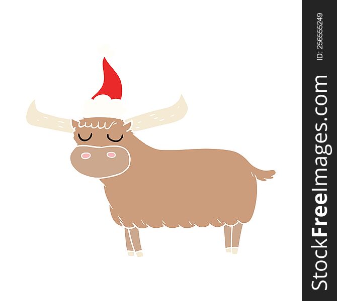 hand drawn flat color illustration of a bull wearing santa hat