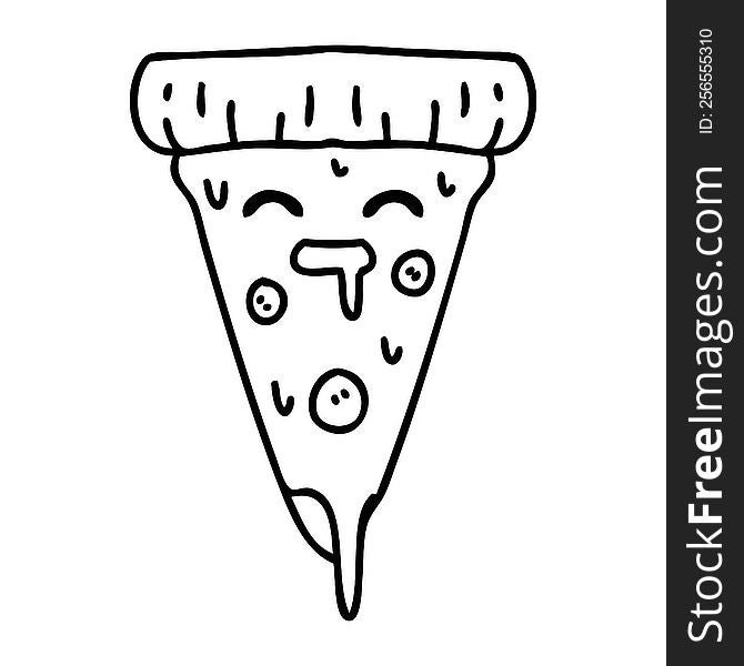 line doodle of a pizza slice with melting cheese. line doodle of a pizza slice with melting cheese