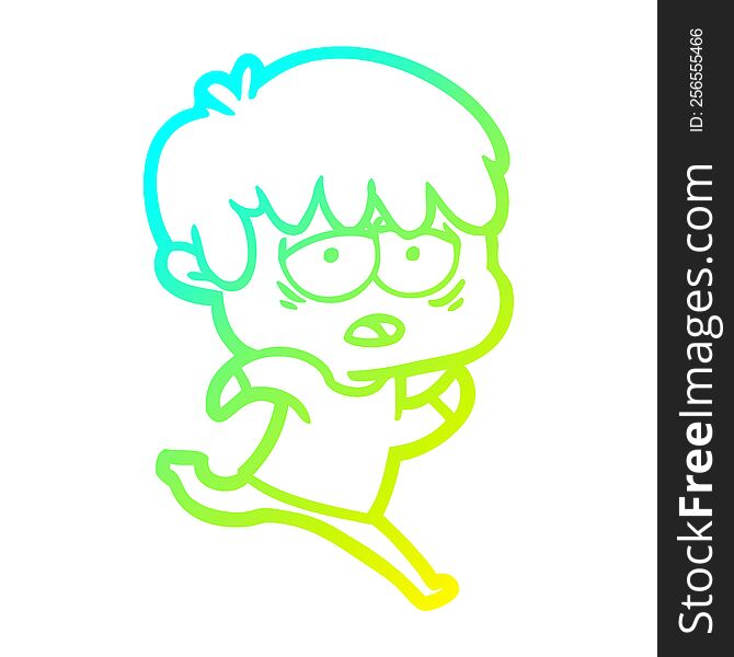 Cold Gradient Line Drawing Cartoon Exhausted Boy
