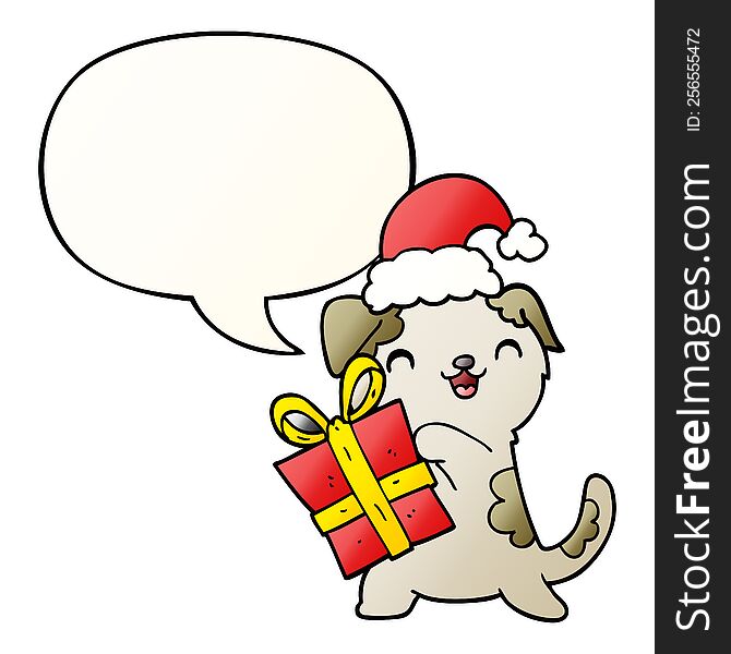 Cute Cartoon Puppy And Christmas Present And Hat And Speech Bubble In Smooth Gradient Style