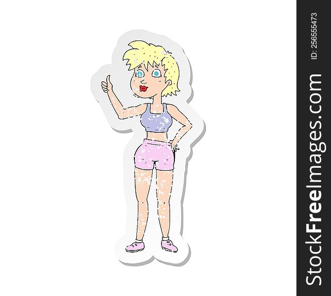 Retro Distressed Sticker Of A Happy Gym Woman Giving Thumbs Up Symbol